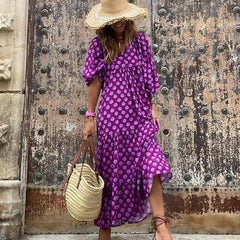 Puffy Sleeve Floral Pattern Elegant Boho Dress