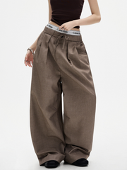 Ashshine - Women's Pleated Drawstring Waist Wide-Leg Tailored Pants