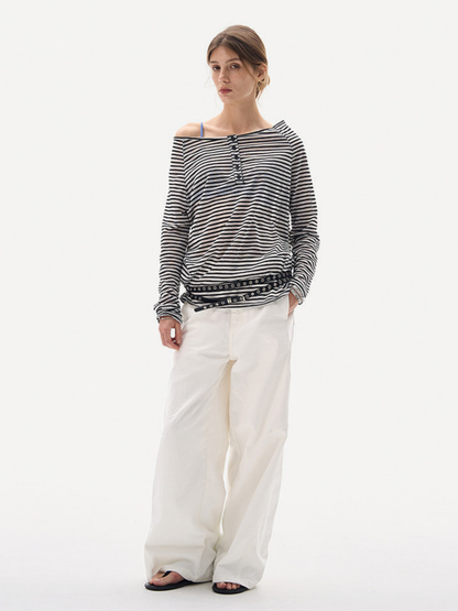Greystorm - Women's Lightweight Striped Off-Shoulder Long Sleeve T-Shirt