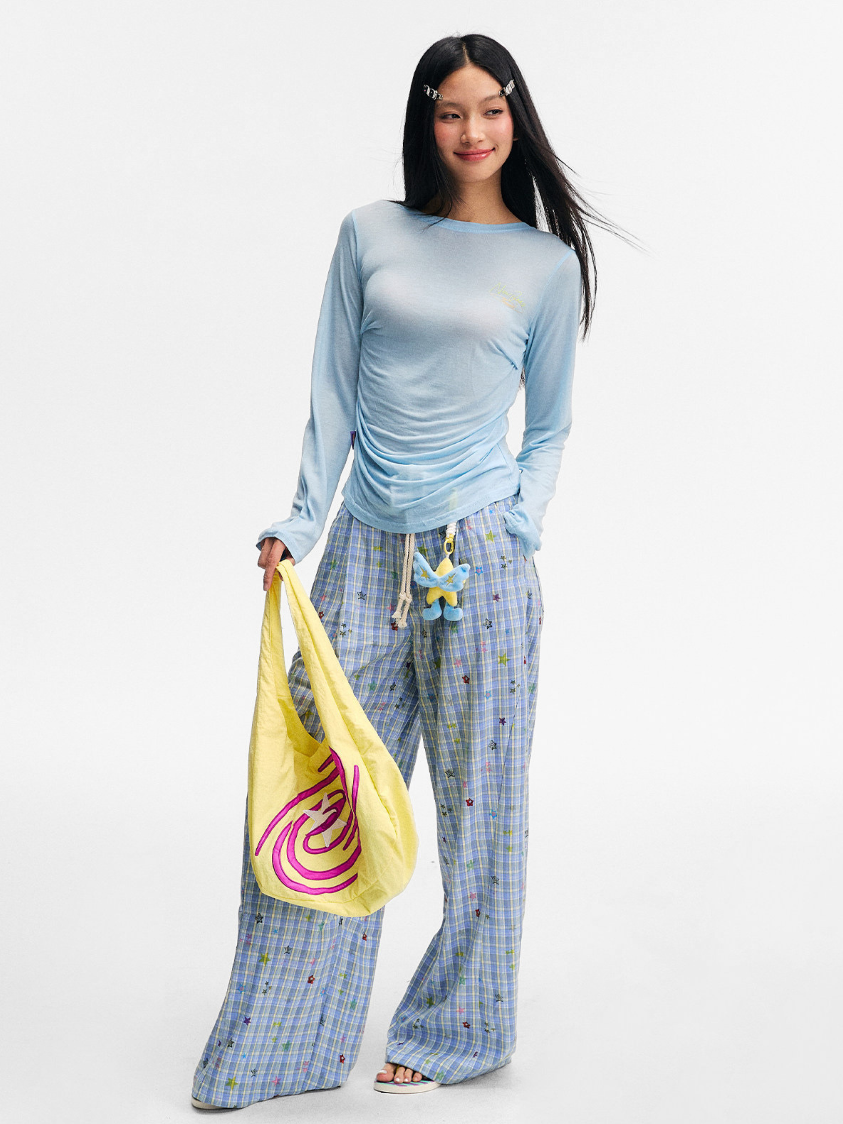 Ashlight - Women's Star Plaid Print Lightweight Drawstring Pants