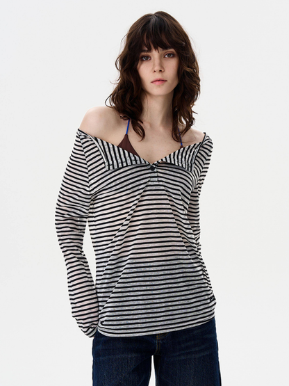 Greystorm - Women's Lightweight Striped Off-Shoulder Long Sleeve T-Shirt