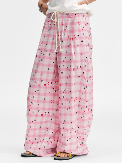 Ashlight - Women's Star Plaid Print Lightweight Drawstring Pants
