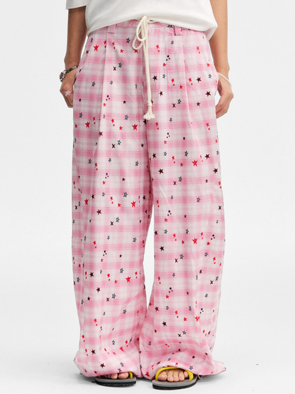 Ashlight - Women's Star Plaid Print Lightweight Drawstring Pants