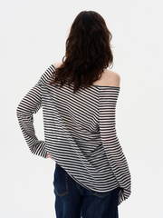 Greystorm - Women's Lightweight Striped Off-Shoulder Long Sleeve T-Shirt