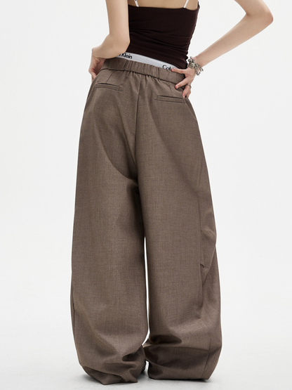 Ashshine - Women's Pleated Drawstring Waist Wide-Leg Tailored Pants