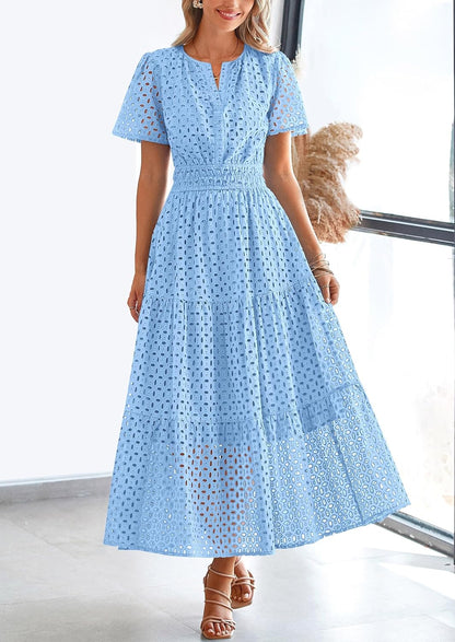 NEW 🔥Womens 2025 Summer Maxi Dress Short Sleeve V Neck Hollow Out Eyelet A Line Dresses