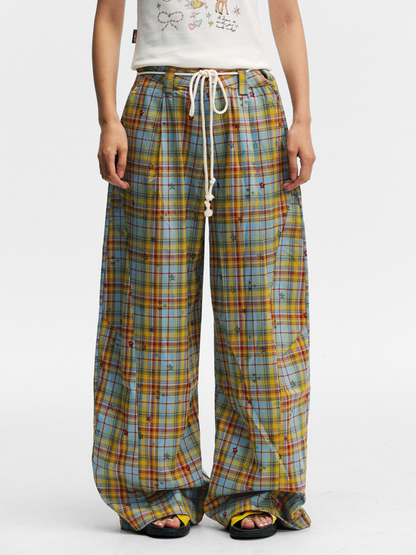 Ashlight - Women's Star Plaid Print Lightweight Drawstring Pants