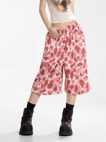 Underflow - Women's Camouflage Elastic Waist Wide-Leg Cropped Pants