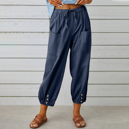 Women's pants High-waisted buttoned cotton hemp pants nine-point pants wide-legged