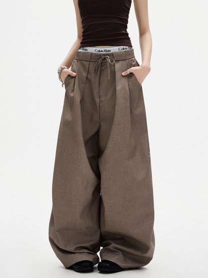 Ashshine - Women's Pleated Drawstring Waist Wide-Leg Tailored Pants