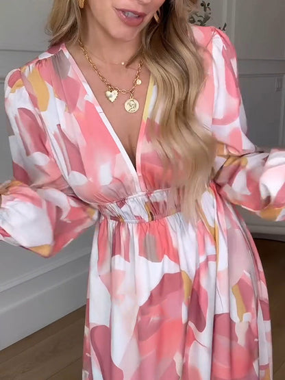 NEW🔥 Long Sleeve Printed Elastic Waist Dress