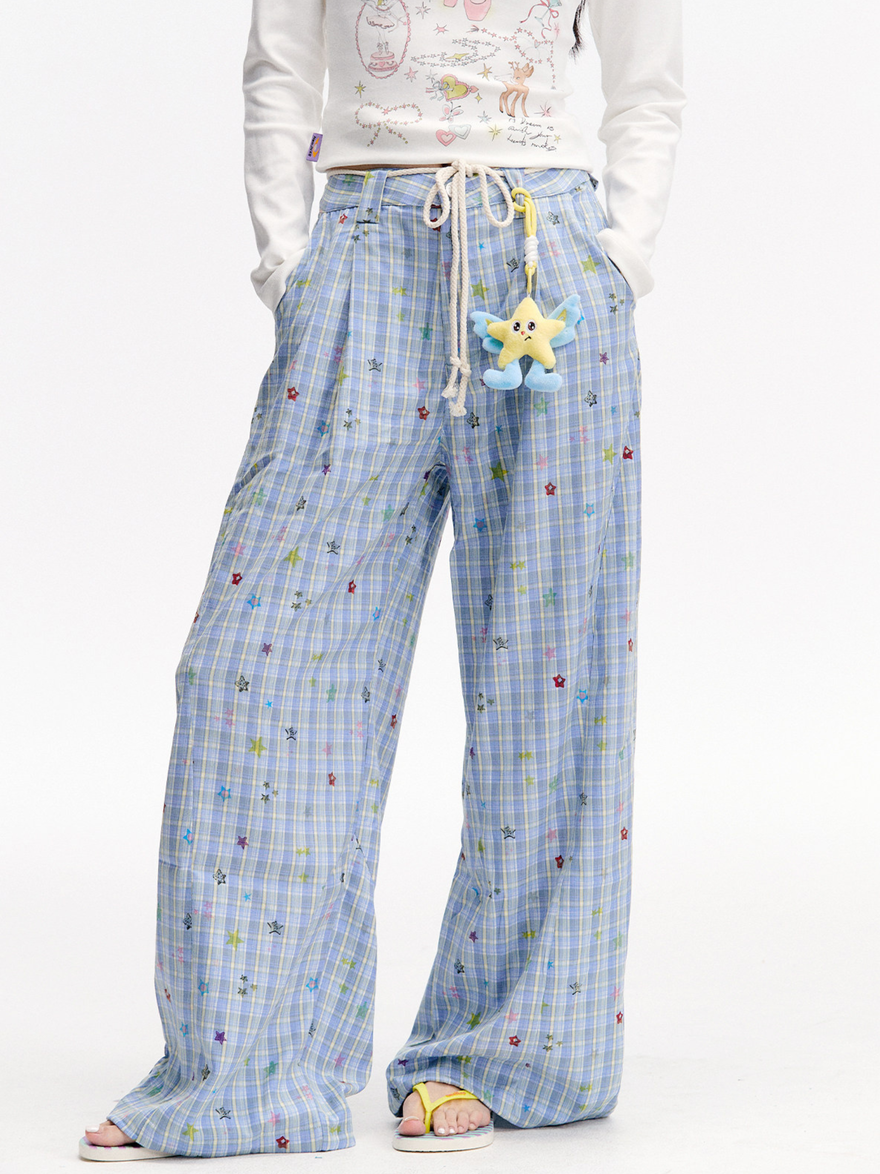 Ashlight - Women's Star Plaid Print Lightweight Drawstring Pants