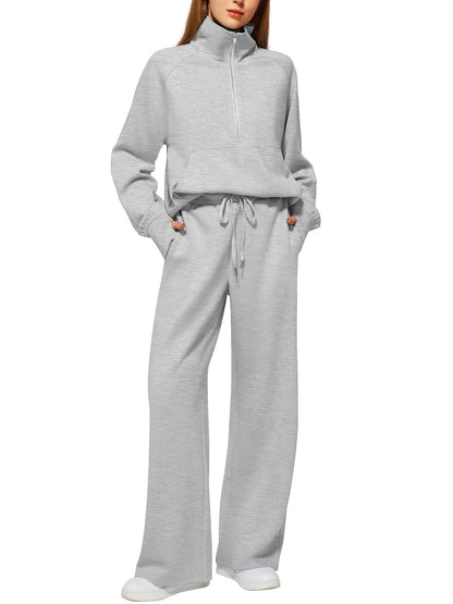 CLEARANCE SALE🔥 Women's Solid Color Cotton Half Zip Two-Piece Set